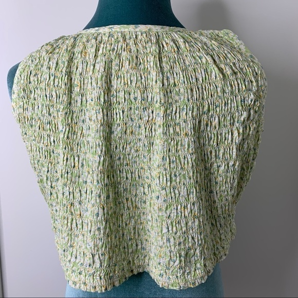 Krazy Kat Shirt Small Crop Shirred Green Floral Cotton Retro Summer - Picture 12 of 12